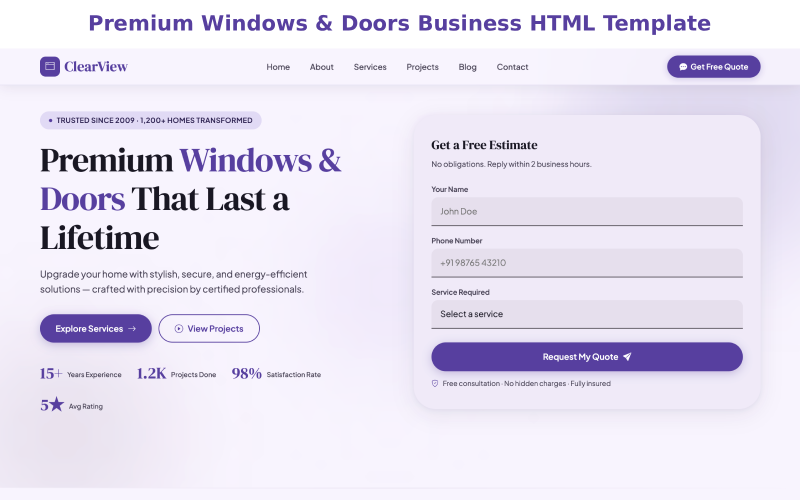 ClearView – prémiová HTML šablona pro firmy na opravy oken a dveří
