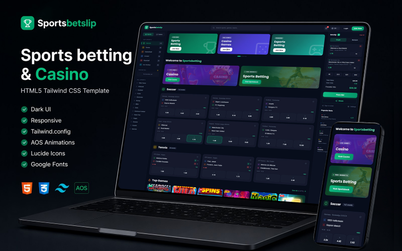 Sportspel och kasino HTML5 Tailwind CSS-mall för landningssida