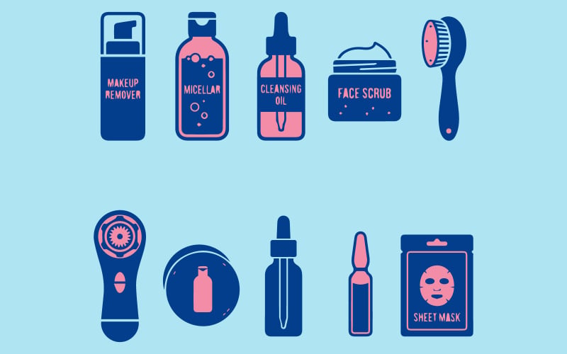 Raccolta di illustrazioni vettoriali di strumenti moderni per la cura della pelle e l'applicazione del trucco.