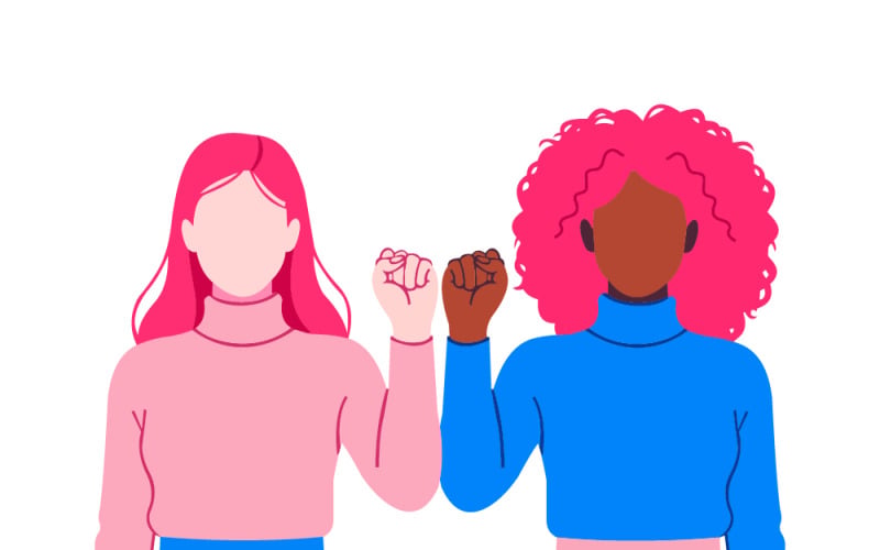Två kvinnor som står tillsammans med höjda nävar och visar solidaritet, egenmakt och mångfald