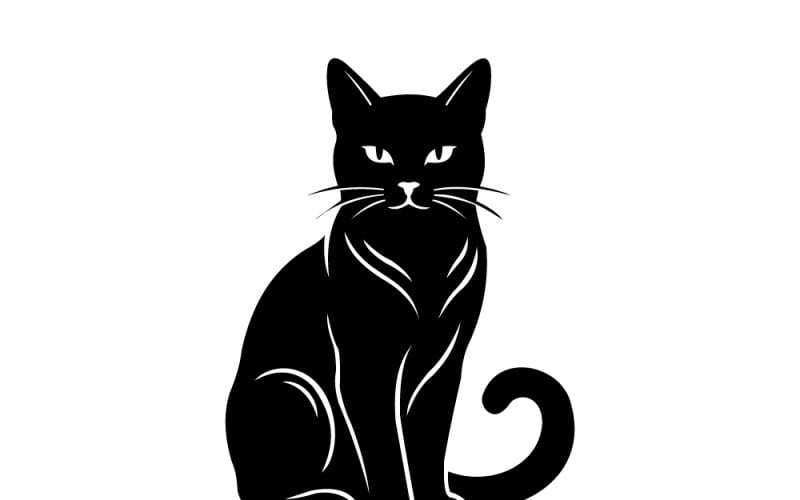 Силуэт чёрной кошки, сидящей с закрученным хвостом. Минималистичная иллюстрация кошки для дизайна на Хэллоуин.
