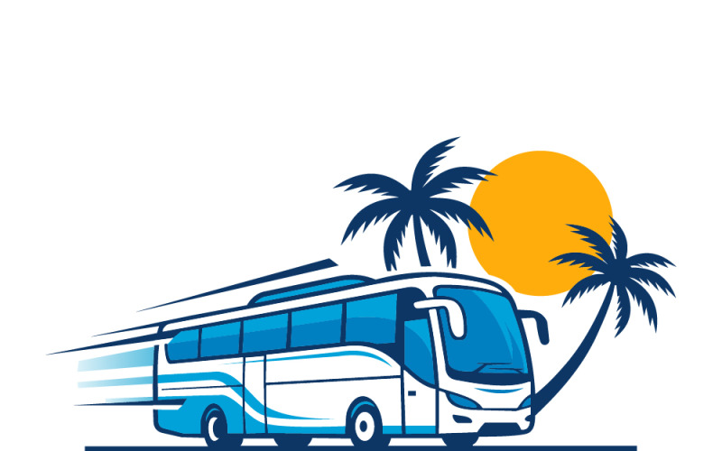 Logo wycieczki autobusowej z palmami i słońcem na wakacje i usługi wahadłowe