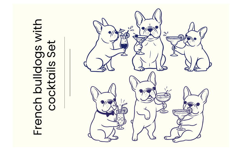 Lindas ilustraciones de perros bulldog francés bebiendo margaritas, martinis y bebidas tropicales.