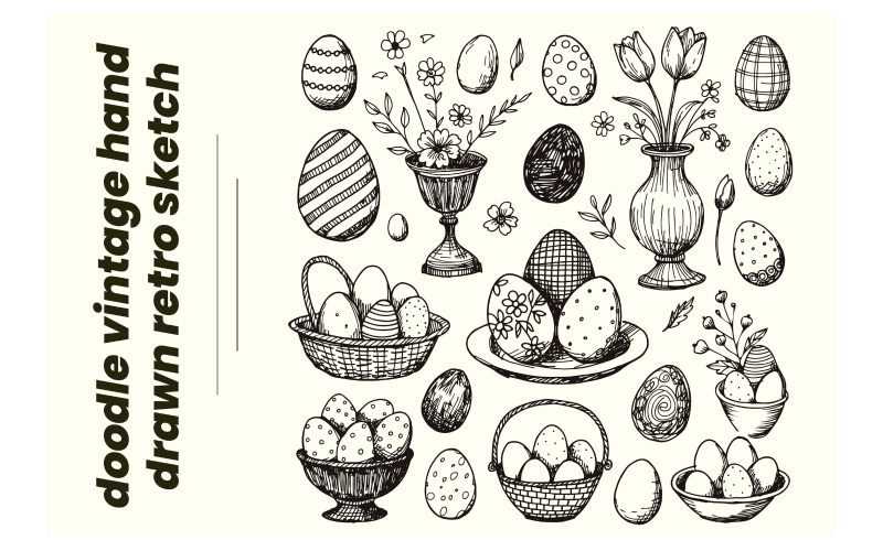 Handgetekende retro-illustratie van paasmanden, vazen en versierde eieren.