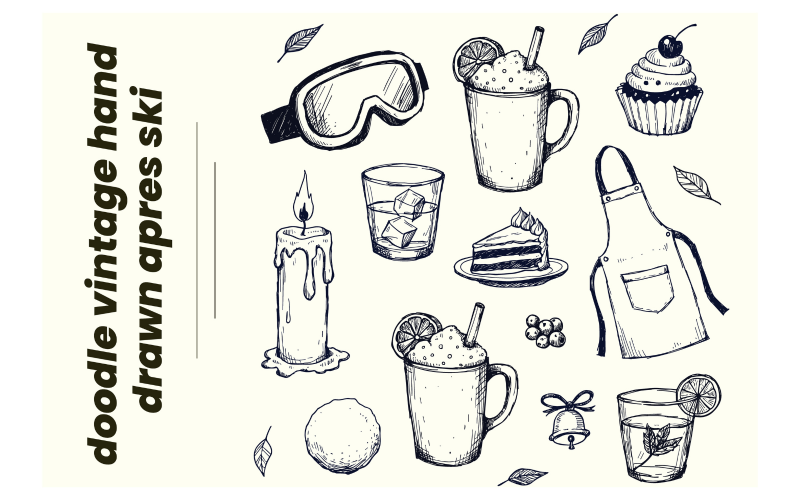 Handgetekende retro winterillustraties van skibrillen, warme chocolademelk, kaarsen en cocktails.