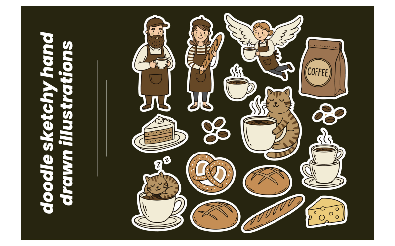 Speelse, handgetekende stickers van bakkerijen en koffiehuizen in een gezellige stijl.