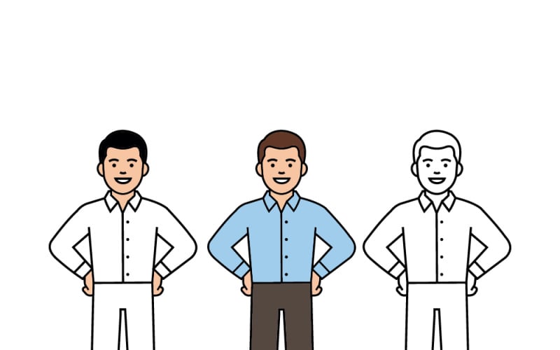 商务团队三人组插图，其中一位成员以扁平化风格突出显示，自信微笑站立。