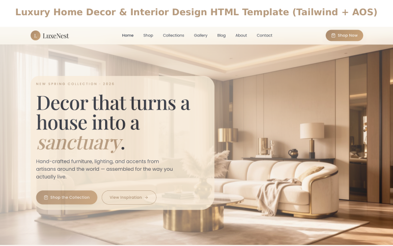 LuxeNest – HTML-mall för lyxig heminredning och inredning (Tailwind + AOS)