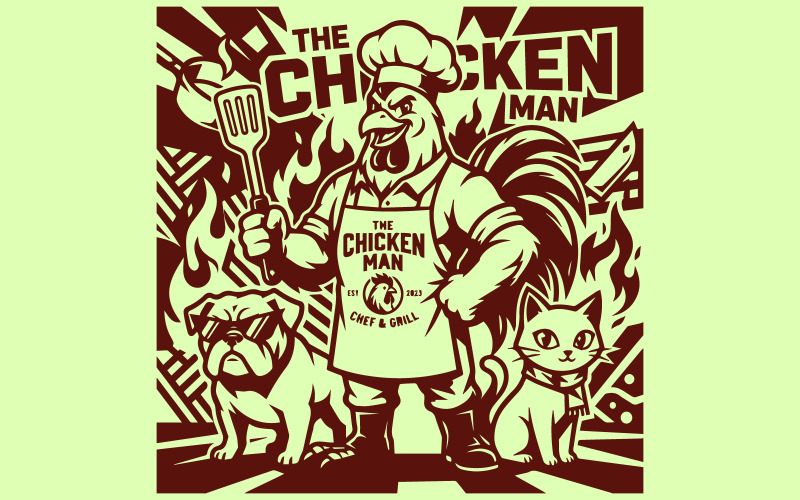 Trio di mascotte minimaliste professionali con cane, gallo, chef e illustrazione di un gatto