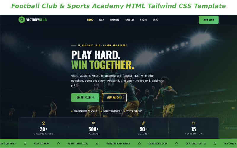 VictoryClub – HTML-шаблон футбольного клубу та спортивної академії Tailwind CSS