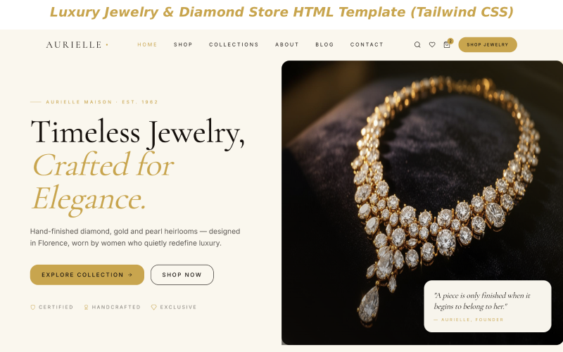 Aurielle – 奢华珠宝钻石商店 HTML 模板（Tailwind CSS）