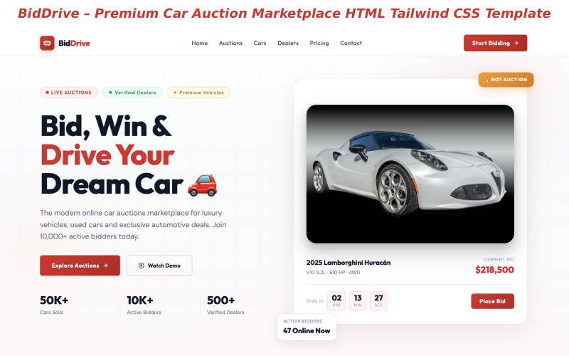 BidDrive – Premium autoveilingmarktplaats HTML Tailwind CSS-sjabloon