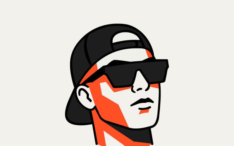 Coolt urbant manligt porträtt med bakåtvänd keps och solglasögon — stiliserad vektorillustration för logotyp