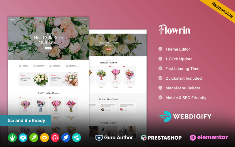 Flowrin - Een responsief Prestashop Elementor-thema voor bloemenwinkels en bloemisten.