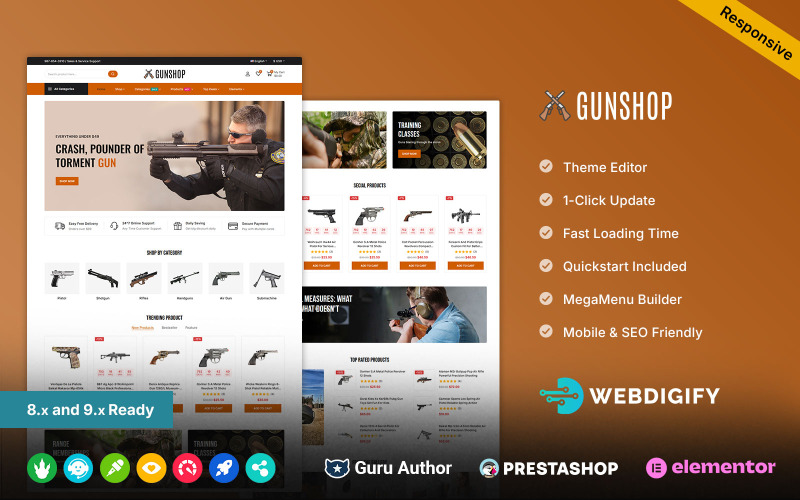 GunShop - Pistolas, Armas de Fogo, Clube de Tiro, Loja de Armas e Artigos para Armas - Tema Prestahop Elementor