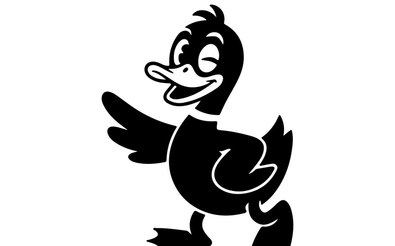Retro cartoonillustratie van een dansende eend in koningsbruine inkt voor een T-shirtontwerp.