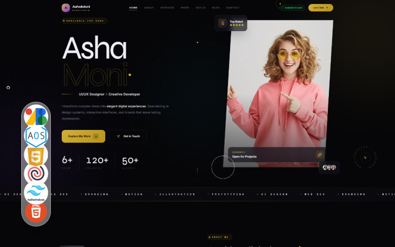 AshaMoni Personlig Portfolio HTML5 och Tailwind CSS landningssidesmall