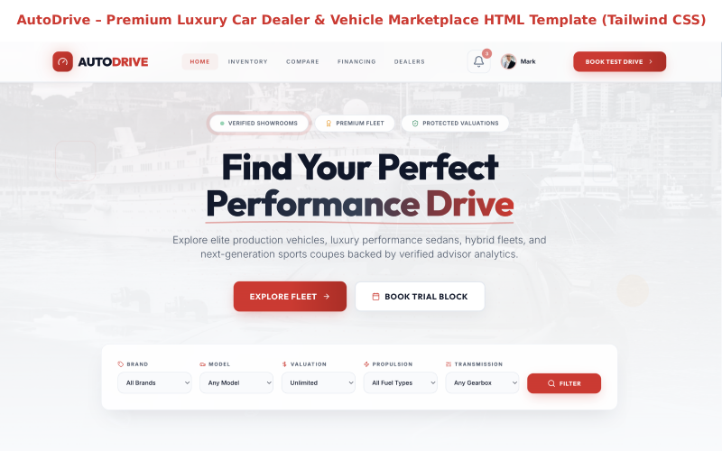 AutoDrive – HTML-шаблон для дилерів автомобілів преміум-класу та торговельного майданчика транспортних засобів (Tailwind CSS)