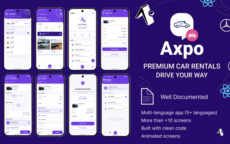 Axpo – Premium UI-kit för biluthyrningsapp | React Native & Expo SDK 54