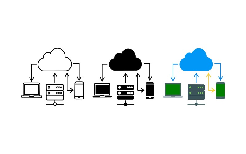 Cloud computing datasynkronisering ikonuppsättning kontur siluett och färg vektor isolerad på vit bakgrund