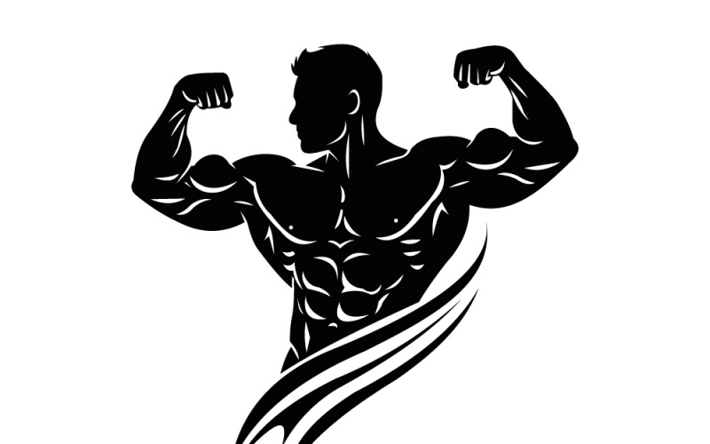 Muskulös man böjande silhuett vektorlogotyp för fitness, bodybuilding och styrka varumärkesbyggande