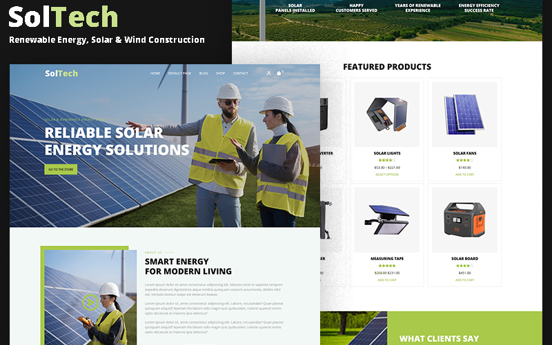 SolTech – Тема WooCommerce для строительства объектов возобновляемой энергетики, солнечной и ветровой энергетики.