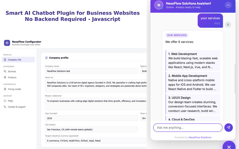 Chytrý plugin pro chatboty s umělou inteligencí pro firemní webové stránky – Není vyžadován backend – Javascript