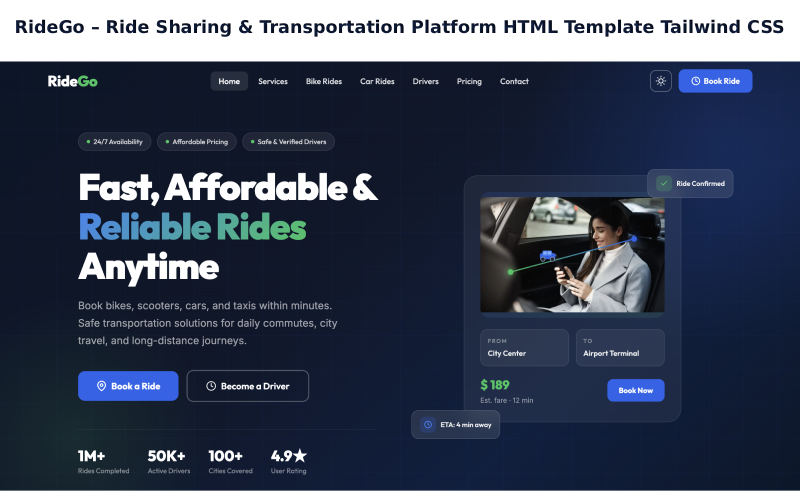 RideGo – HTML-шаблон платформи для спільного використання поїздок та транспорту (Tailwind CSS)