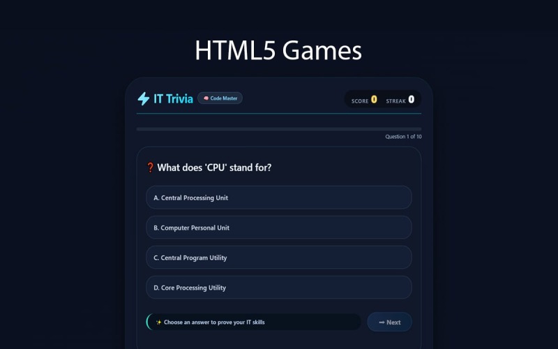 Desafío de preguntas y respuestas sobre informática | Juegos HTML5 |
