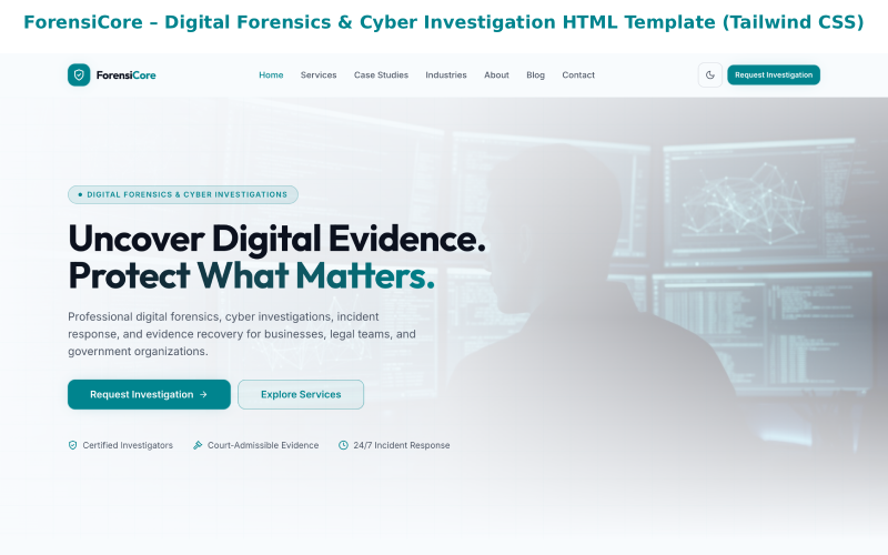 ForensiCore – 数字取证与网络调查 HTML 模板（Tailwind CSS）