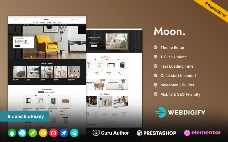 Moon - Bútorok, lakberendezés és belső tér Többcélú reszponzív Prestashop Elementor Áruház
