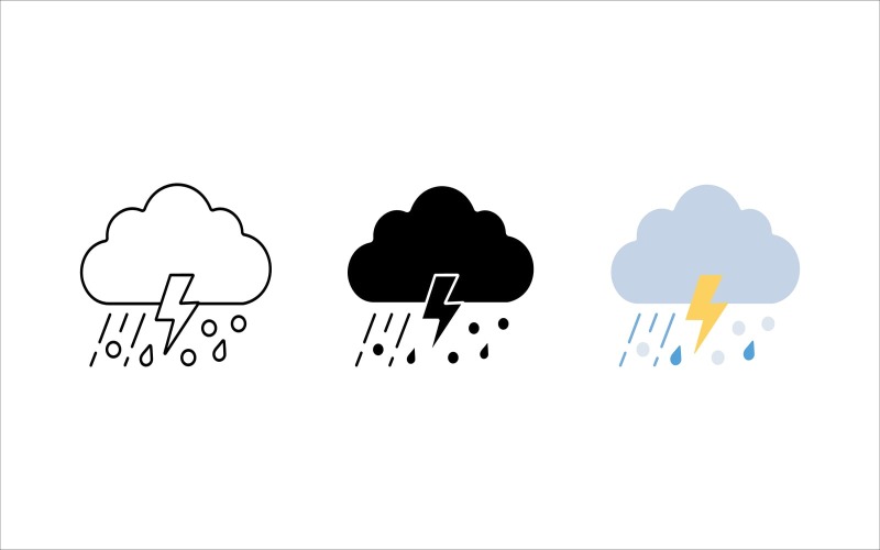 Åskvädermoln med regn och blixtar ikonuppsättning