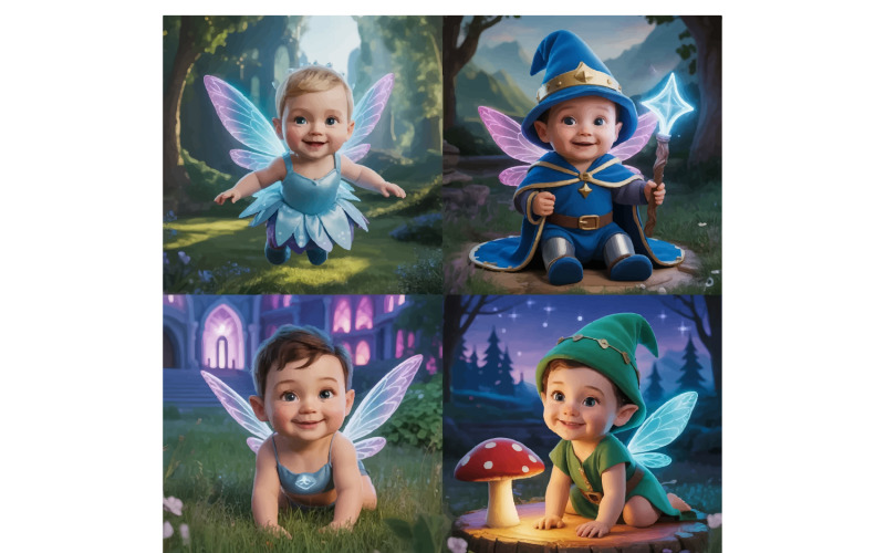 Quatre adorables bébés fantastiques dans des mondes magiques