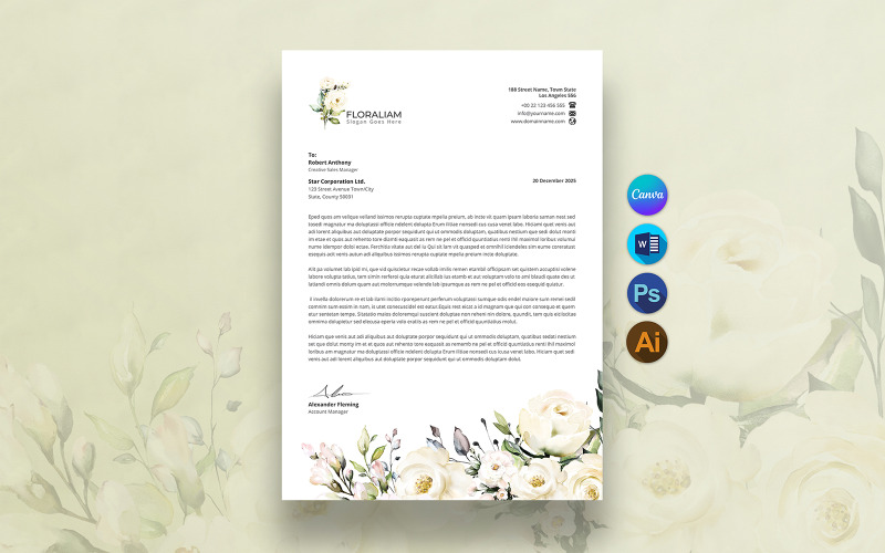 Mall för brevpapper med akvarellblommor, design för företagsbrevpapper