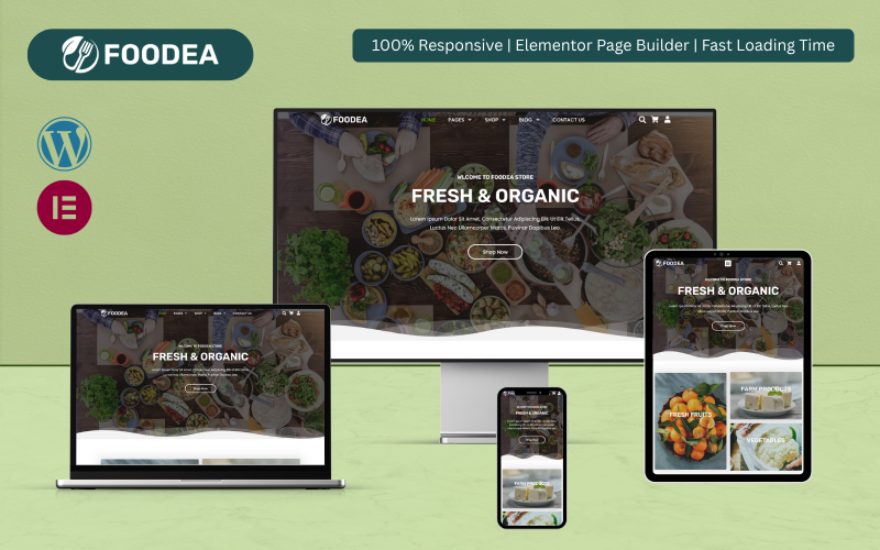 Foodea — шаблон Elementor для WooCommerce, посвященный органическим продуктам питания, бакалейным товарам и фермерской продукции.