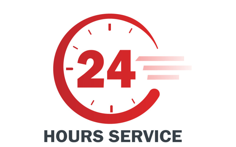Röd 24-timmars serviceikon med klocksymbol och vardaglig text för affärsverksamhet