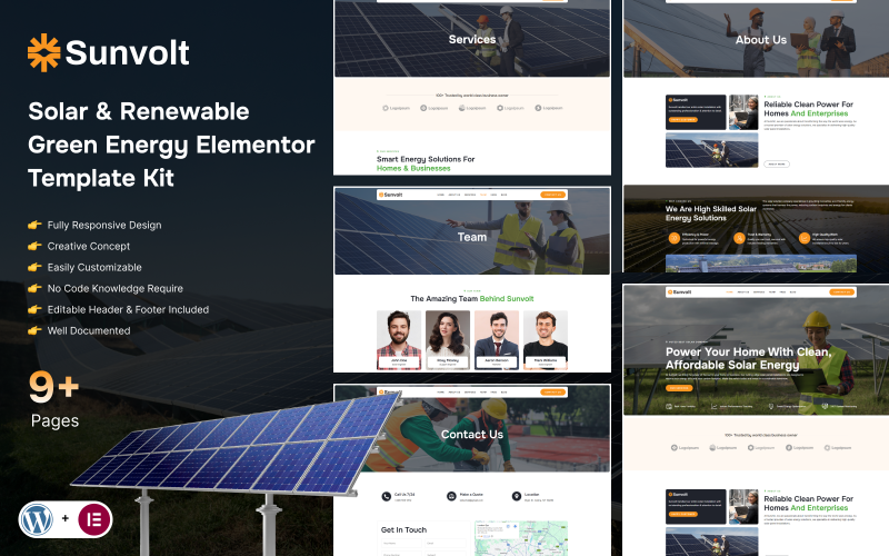 Sunvolt - Kit di modelli Elementor per l'energia solare e rinnovabile