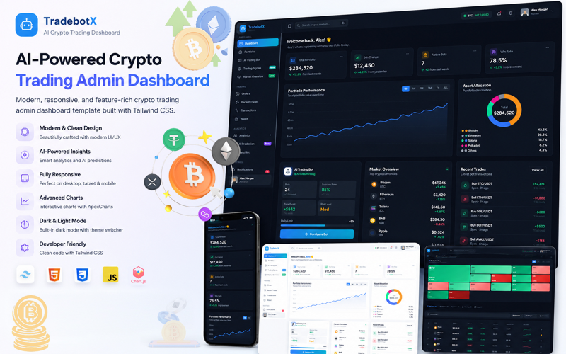TradebotX – Kriptovaluta-kereskedési adminisztrációs irányítópult Tailwind CSS, HTML5, sablon