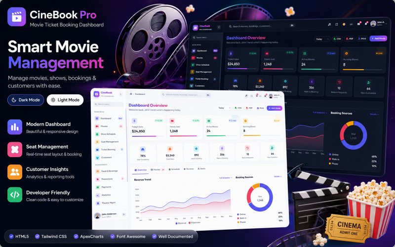 CineBook Pro – Movie Ticket Booking Dashboard HTML5 Tailwind CSS Template