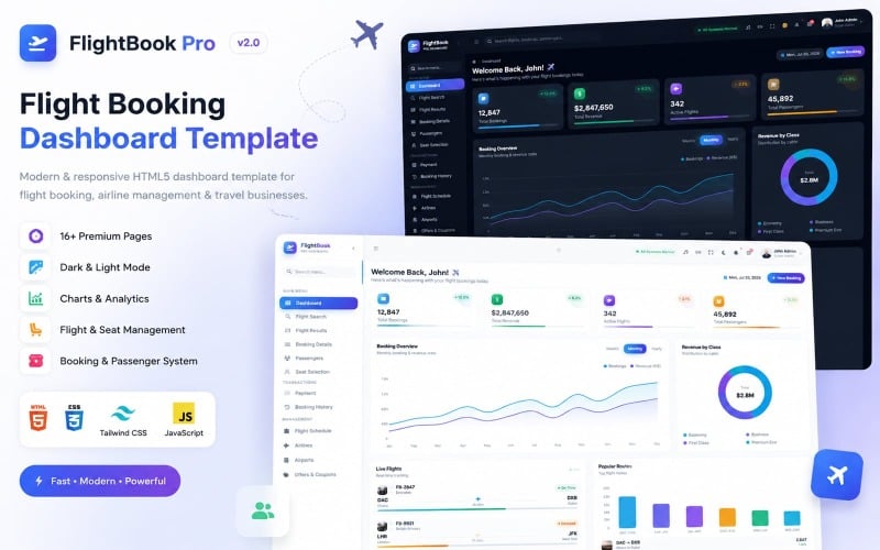 FlightBook Pro – Flugbuchungs-Dashboard HTML5 Tailwind CSS-Vorlage