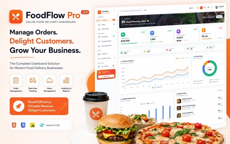 FoodFlow Pro – Online Food Delivery Dashboard HTML5 Tailwind CSS Template