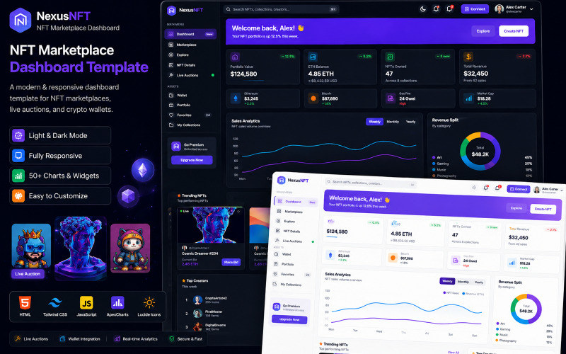 NexusNFT - Marketplace NFT, aste dal vivo e portafoglio di criptovalute HTML5 Tailwind CSS Dashboard Template