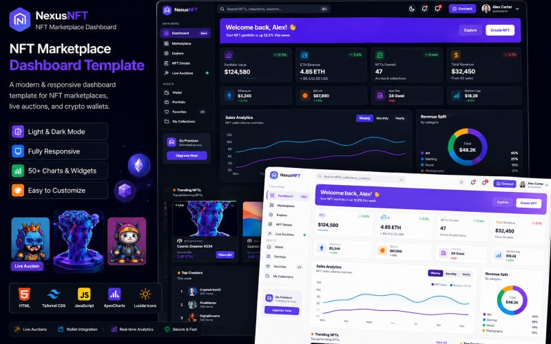 NexusNFT - NFT-marknadsplats, liveauktioner och kryptoplånbok HTML5 Tailwind CSS-instrumentpanelmall
