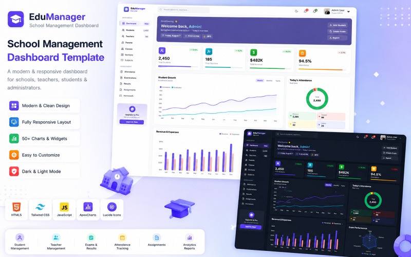 EduManager – HTML5-Tailwind-CSS-Dashboard-Vorlage für die Schulverwaltung
