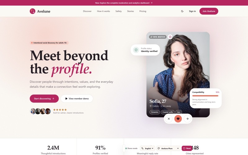 Avelune - Šablona Next.js pro platformu pro seznamování a sociální objevování