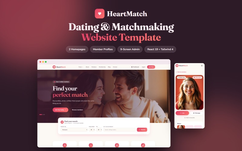 HeartMatch – Dating- und Matchmaking-Website-Vorlage mit Admin-Dashboard
