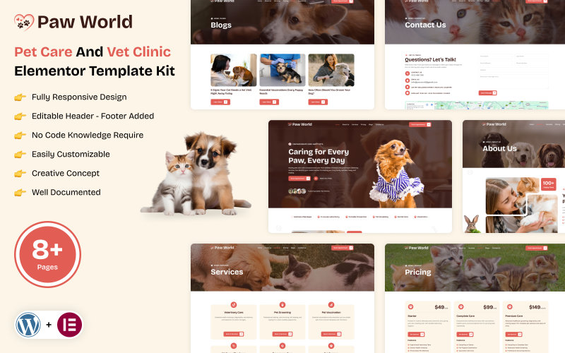Paw World – Kit de Elementor para el cuidado de mascotas y clínicas veterinarias