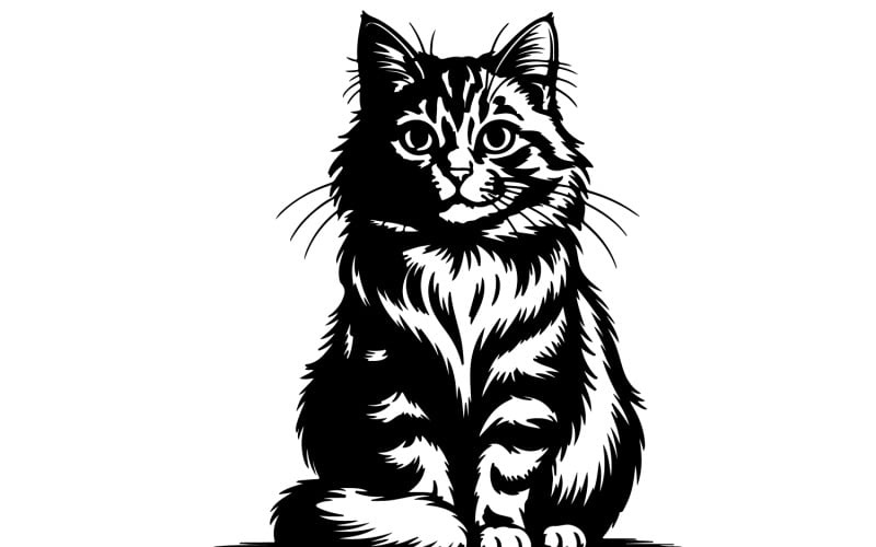 Елегантний пухнастий котячий чорно-білий векторний малюнок