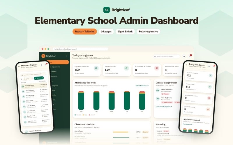 Brightleaf – React-Vorlage für das Admin-Dashboard einer Grundschule