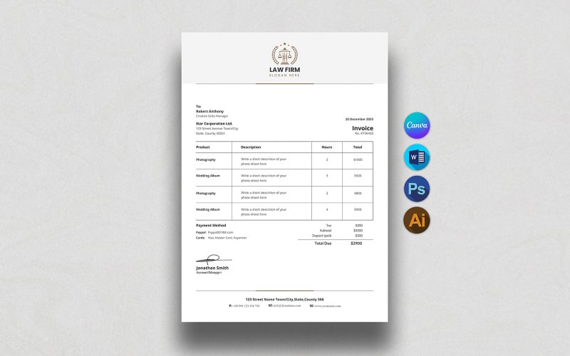 Szerkeszthető üzleti számla, Nyomtatható számla sablon, Canva számla sablon, MS Word sablon
